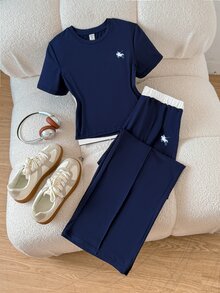 SHEIN 青少年女孩休閒針織套裝 皇家藍短袖T恤搭配寬鬆長褲套組 - 寶藍色 - 查看 10
