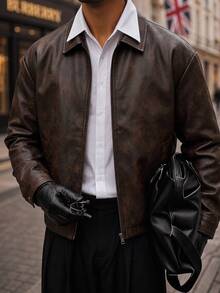 HIMLAND Men's Solid Color Turn Collar Zipper Versatile Casual Long Sleeve Jacket, Spring, Outdoor - Coffee Brown - View 1