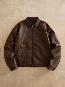 HIMLAND Men's Solid Color Turn Collar Zipper Versatile Casual Long Sleeve Jacket, Spring, Outdoor - Coffee Brown - View 2