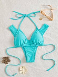 Swim Vcay 女款夏季海灘純色掛脖綁帶性感比基尼上衣與三角褲兩件式泳衣套裝 - 藍色 - 查看 4