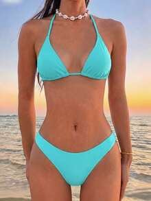 Swim Vcay 女款夏季海灘純色掛脖綁帶性感比基尼上衣與三角褲兩件式泳衣套裝 - 藍色 - 查看 1