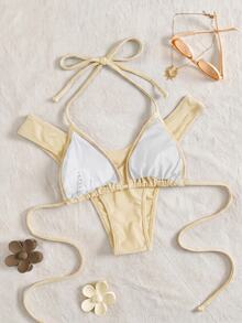 Swim Vcay Setelan Baju Renang Dua Potong Bikini Seksi Wanita Warna Polos dengan Detail Kerut dan Tali Halter untuk Liburan - Kuning - View 6