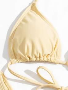 Swim Vcay Setelan Baju Renang Dua Potong Bikini Seksi Wanita Warna Polos dengan Detail Kerut dan Tali Halter untuk Liburan - Kuning - View 7