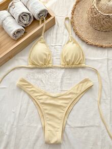 Swim Vcay Setelan Baju Renang Dua Potong Bikini Seksi Wanita Warna Polos dengan Detail Kerut dan Tali Halter untuk Liburan - Kuning - View 3