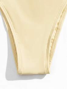 Swim Vcay Setelan Baju Renang Dua Potong Bikini Seksi Wanita Warna Polos dengan Detail Kerut dan Tali Halter untuk Liburan - Kuning - View 8