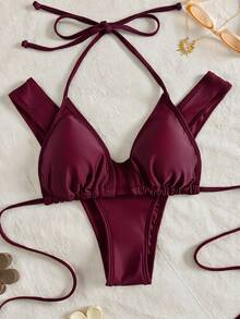 Swim Vcay Women's Solid Color Halter Neck Bikini Set - Red Violet - View 5