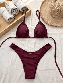 Swim Vcay Women's Solid Color Halter Neck Bikini Set - Red Violet - View 4