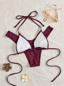 Swim Vcay Women's Solid Color Halter Neck Bikini Set - Red Violet - View 6