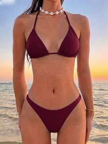 Swim Vcay Women's Solid Color Halter Neck Bikini Set - Red Violet - View 1