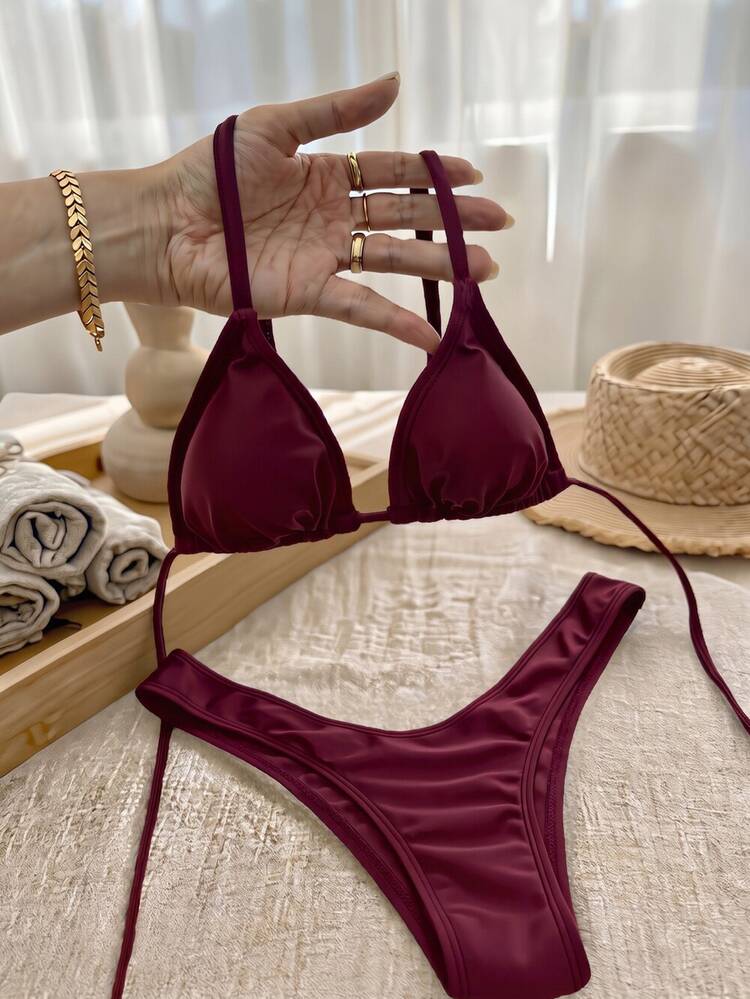 Swim Vcay Women's Solid Color Halter Neck Bikini Set - Red Violet - View 3