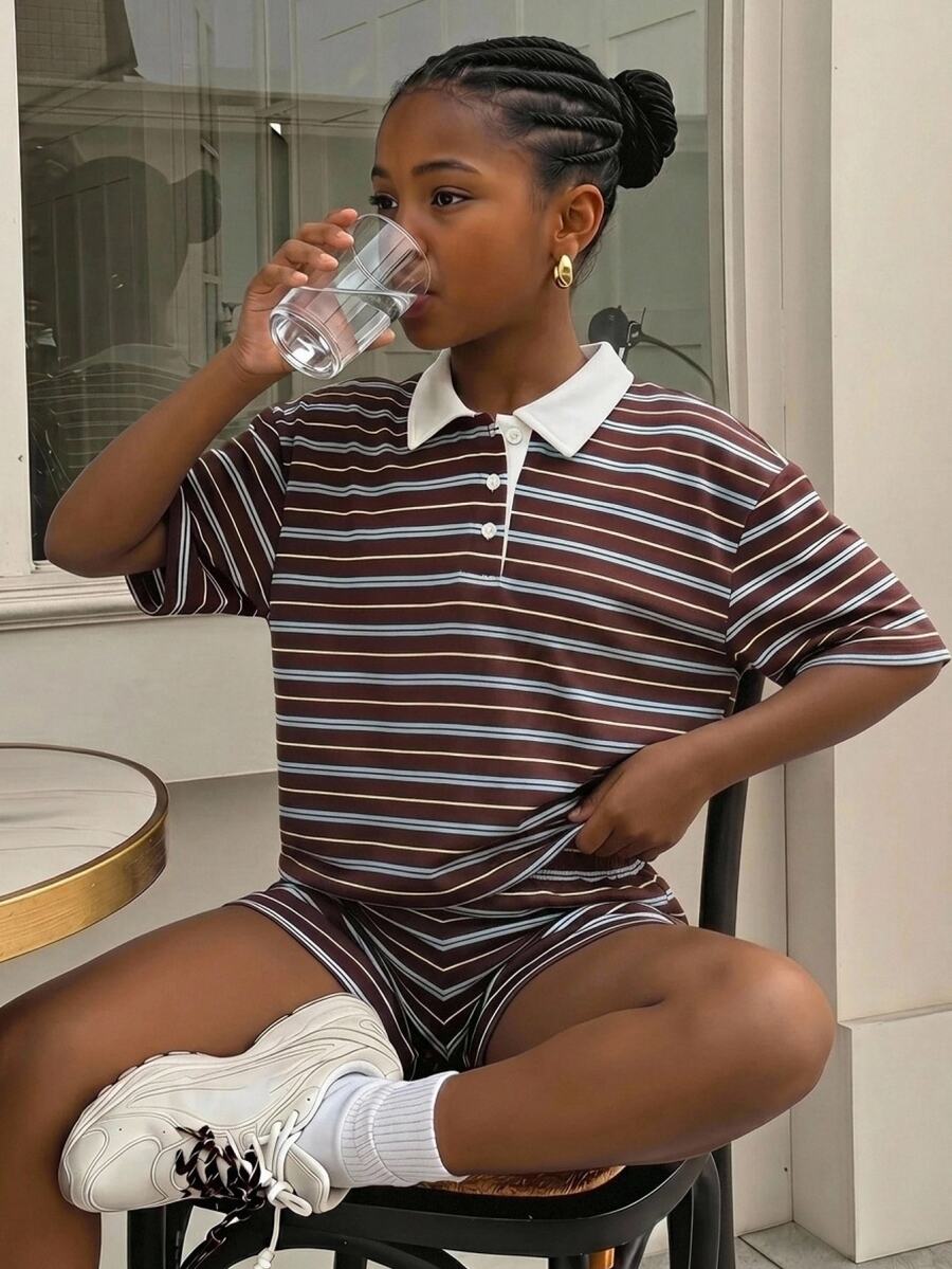 SHEIN Tween Girls Striped Contrast Collar T-Shirt And Shorts Co-Ord Set - Multicolor - View 1