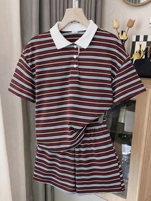 SHEIN Tween Girls Striped Contrast Collar T-Shirt And Shorts Co-Ord Set - Multicolor - View 2