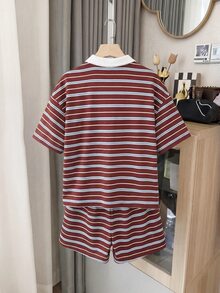 SHEIN Tween Girls Striped Contrast Collar T-Shirt And Shorts Co-Ord Set - Multicolor - View 3