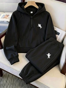 SHEIN 青少年男孩連帽衫與運動衫套裝 - 黑色 - 查看 1