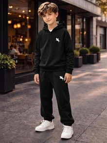 SHEIN 青少年男孩連帽衫與運動衫套裝 - 黑色 - 查看 4