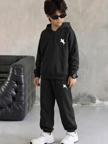 SHEIN 青少年男孩連帽衫與運動衫套裝 - 黑色 - 查看 3