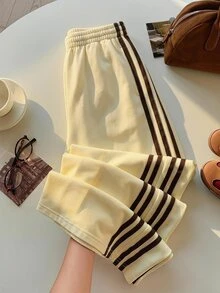 SHEIN Teen Girls Cream Yellow Contrast Color Webbing Patchwork Casual Loose Sweatpants - Yellow - View 2