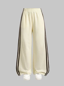 SHEIN Teen Girls Cream Yellow Contrast Color Webbing Patchwork Casual Loose Sweatpants - Yellow - View 3