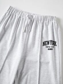 SHEIN 青少年女孩開學季淺灰色英文印花圖案T恤與長褲休閒套裝 - 淺灰色 - 查看 4