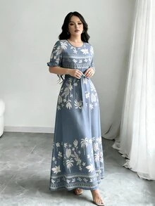 Modelyn 龟壳竹子、椰子树、散叶棕榈叶剪影图案三角形印花浅紫色连衣裙，女士时尚圆领短泡泡袖设计，配腰带，中长连衣裙，优雅夏季连衣裙 - 彩色 - 查看 5