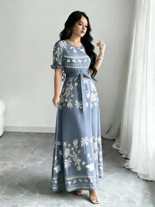 Modelyn 龟壳竹子、椰子树、散叶棕榈叶剪影图案三角形印花浅紫色连衣裙，女士时尚圆领短泡泡袖设计，配腰带，中长连衣裙，优雅夏季连衣裙 - 彩色 - 查看 3