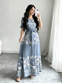Modelyn 龟壳竹子、椰子树、散叶棕榈叶剪影图案三角形印花浅紫色连衣裙，女士时尚圆领短泡泡袖设计，配腰带，中长连衣裙，优雅夏季连衣裙 - 彩色 - 查看 4