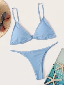 Swim Basics Setelan Baju Renang Dua Potong Wanita Musim Panas untuk Pantai, Warna Polos, Tali Bahu Tipis, Seksi, dan Bawahan Segitiga - Baby Blue - View 4