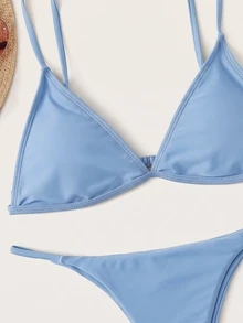 Swim Basics Setelan Baju Renang Dua Potong Wanita Musim Panas untuk Pantai, Warna Polos, Tali Bahu Tipis, Seksi, dan Bawahan Segitiga - Baby Blue - View 3