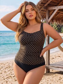 SHEIN CURVE+ 2026Plus Size Women's Polka Dot Print Tankini Swimwear, Summer Holiday - Multicolor - View 6