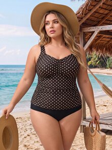 SHEIN CURVE+ 2026Plus Size Women's Polka Dot Print Tankini Swimwear, Summer Holiday - Multicolor - View 5