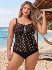 SHEIN CURVE+ 2026Plus Size Women's Polka Dot Print Tankini Swimwear, Summer Holiday - Multicolor - View 3