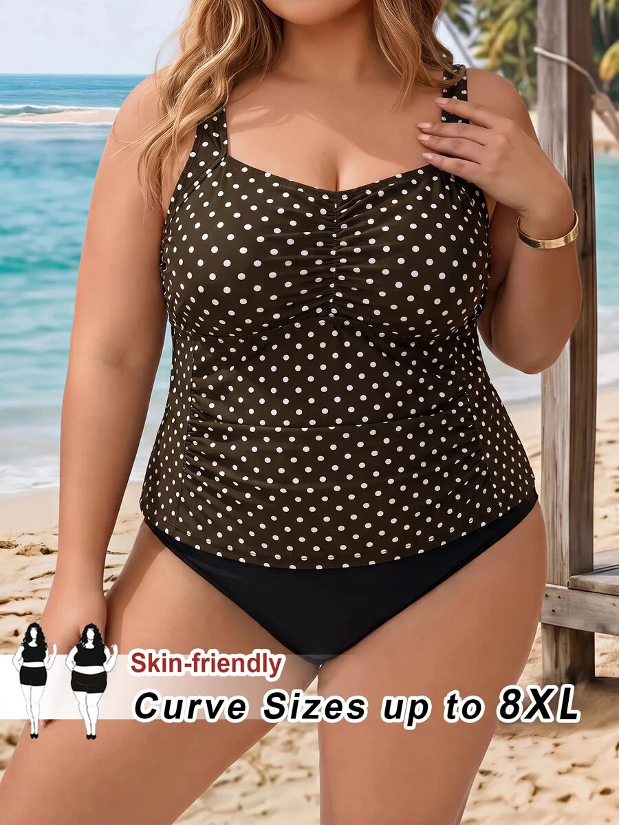 SHEIN CURVE+ 2026Plus Size Women's Polka Dot Print Tankini Swimwear, Summer Holiday - Multicolor - View 1