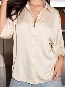 Bris Aura 女款優雅休閒深色翻領前扣重磅波紋緞面側開衩寬鬆長袖襯衫 - 杏色 - 查看 6
