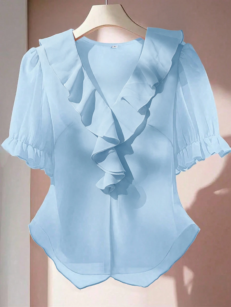 Franclia Solid Color V-Neck Ruffle Puff Sleeve Casual Shirt Clothes For University - Blue - View 1