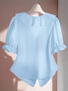 Franclia Solid Color V-Neck Ruffle Puff Sleeve Casual Shirt Clothes For University - Blue - View 2
