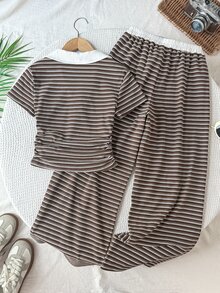 SHEIN 少女休闲日常舒适Polo领短袖T恤和裤子套装 - 彩色 - 查看 5
