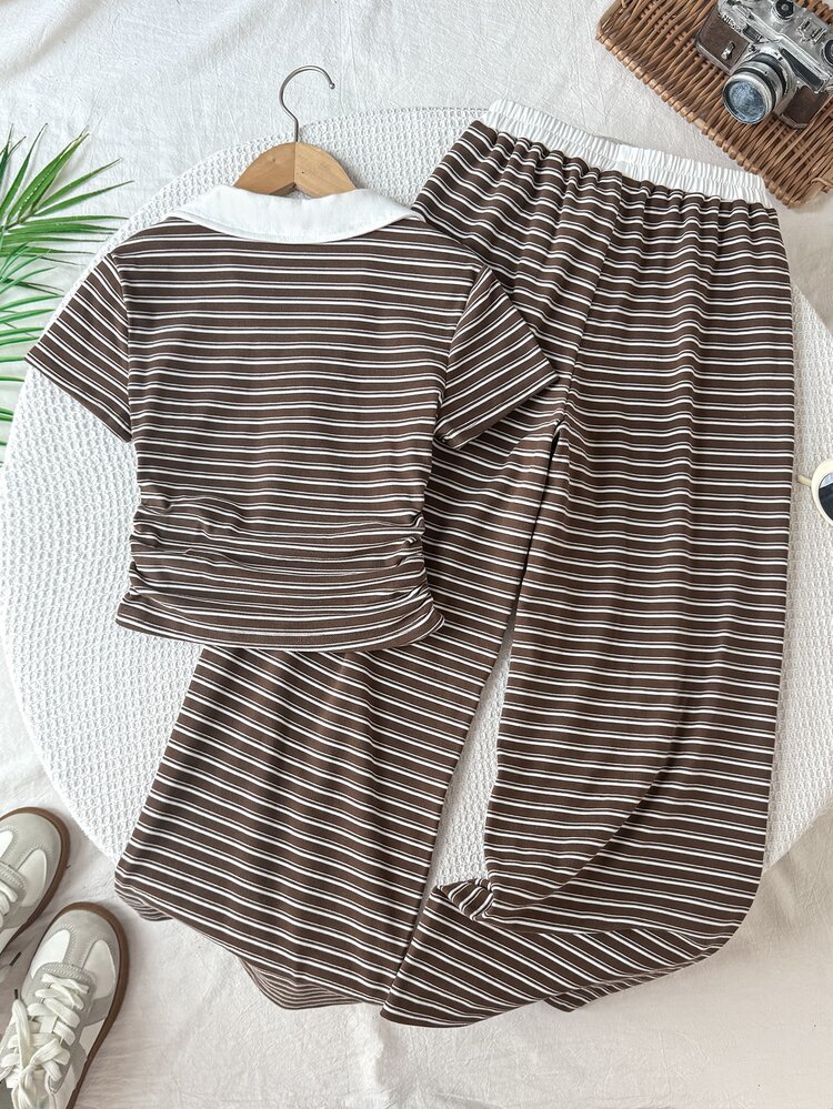SHEIN Tween Girl Tween Girls Casual Everyday Comfortable Polo Collar Short Sleeve T-Shirt And Pants Set - Multicolor - View 5