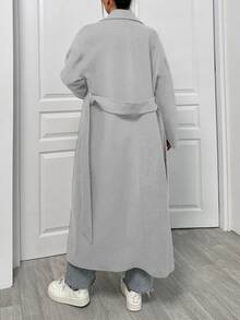 EURMUSE Lapel Neck Double Breasted Slant Pocket Waist Belt Tie-Up Woolen Overcoat - Grey - View 2