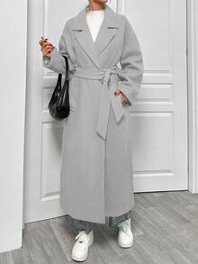 EURMUSE Lapel Neck Double Breasted Slant Pocket Waist Belt Tie-Up Woolen Overcoat - Grey - View 3