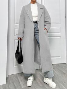 EURMUSE Lapel Neck Double Breasted Slant Pocket Waist Belt Tie-Up Woolen Overcoat - Grey - View 1