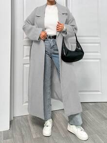 EURMUSE Lapel Neck Double Breasted Slant Pocket Waist Belt Tie-Up Woolen Overcoat - Grey - View 5