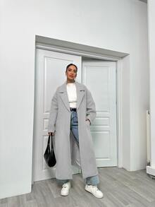 EURMUSE Lapel Neck Double Breasted Slant Pocket Waist Belt Tie-Up Woolen Overcoat - Grey - View 7