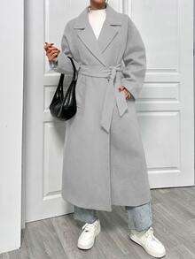 EURMUSE Lapel Neck Double Breasted Slant Pocket Waist Belt Tie-Up Woolen Overcoat - Grey - View 6