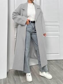 EURMUSE Lapel Neck Double Breasted Slant Pocket Waist Belt Tie-Up Woolen Overcoat - Grey - View 4