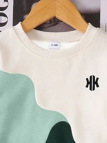 SHEIN 男童奶油綠波浪拼色拼接毛衣套裝 秋季寬鬆字母印花運動休閒長袖上衣套裝 - 彩色 - 查看 6