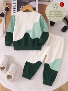 SHEIN 男童奶油綠波浪拼色拼接毛衣套裝 秋季寬鬆字母印花運動休閒長袖上衣套裝 - 彩色 - 查看 2