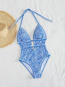 Swim Mod 新款女士优雅波西米亚风海滩度假连体泳衣 - 蓝色花卉印花挂脖式连体泳衣，饰有海星吊坠和锯齿形滚边 - 顺滑弹力透气面料 - 修身镂空设计，高开衩腿部，尽显海岸时尚风情 - 夏季海滩度假、泳池派对、音乐节、婚礼、春季假期度假、热带之旅的完美泳装 - 藍色 - 查看 4