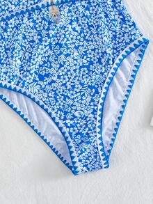 Swim Mod 新款女士优雅波西米亚风海滩度假连体泳衣 - 蓝色花卉印花挂脖式连体泳衣，饰有海星吊坠和锯齿形滚边 - 顺滑弹力透气面料 - 修身镂空设计，高开衩腿部，尽显海岸时尚风情 - 夏季海滩度假、泳池派对、音乐节、婚礼、春季假期度假、热带之旅的完美泳装 - 藍色 - 查看 6