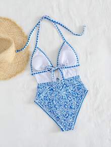 Swim Mod 新款女士优雅波西米亚风海滩度假连体泳衣 - 蓝色花卉印花挂脖式连体泳衣，饰有海星吊坠和锯齿形滚边 - 顺滑弹力透气面料 - 修身镂空设计，高开衩腿部，尽显海岸时尚风情 - 夏季海滩度假、泳池派对、音乐节、婚礼、春季假期度假、热带之旅的完美泳装 - 藍色 - 查看 3