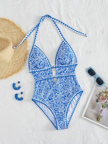 Swim Mod 新款女士优雅波西米亚风海滩度假连体泳衣 - 蓝色花卉印花挂脖式连体泳衣，饰有海星吊坠和锯齿形滚边 - 顺滑弹力透气面料 - 修身镂空设计，高开衩腿部，尽显海岸时尚风情 - 夏季海滩度假、泳池派对、音乐节、婚礼、春季假期度假、热带之旅的完美泳装 - 藍色 - 查看 2
